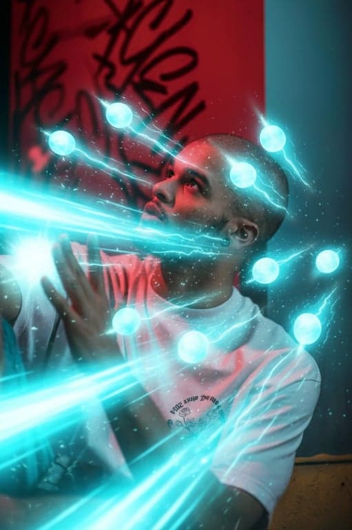 a portrait of a person firing a rapid Energy Volley, with multiple bright ki blasts shooting from the hands