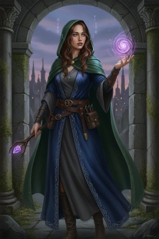 a D&D magic-user character illustrated with clear spellcaster identity, layered robes or arcane clothing, subtle magical effects, controlled glowing elements, and a serious fantasy illustration style that avoids exaggerated visual effects