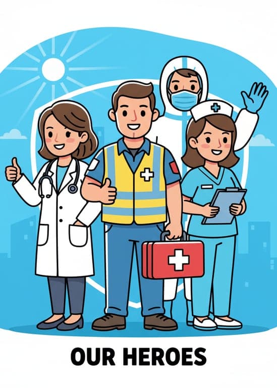 A healthcare worker clipart, including a paramedic with a kit, depicted as approachable and heroic characters.