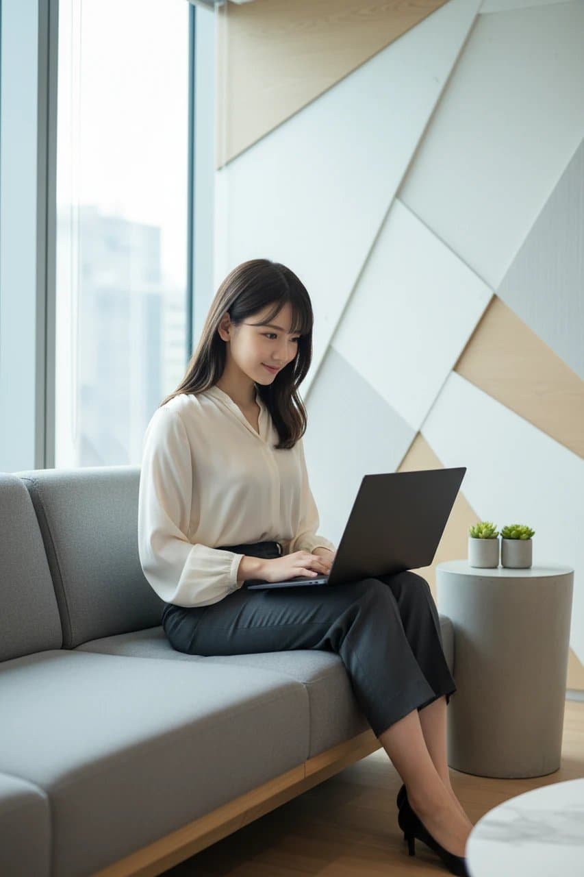 business casual outfits filter after transformation - portrait in neat blouse and ankle pants business casual outfit with meeting corner