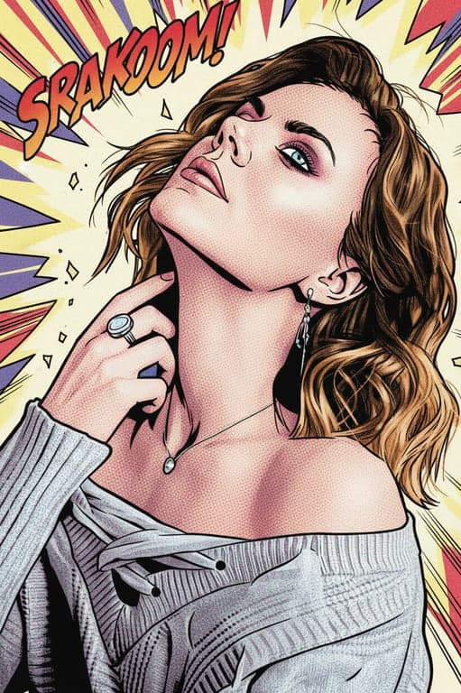 a portrait of a person transformed into a Marvel Comics–style comic book illustration featuring bold black ink outlines, dynamic exaggerated anatomy, expressive facial features, strong jaw and cheekbone definition, flat but saturated comic colors, halftone-style shading, and classic superhero comic energy