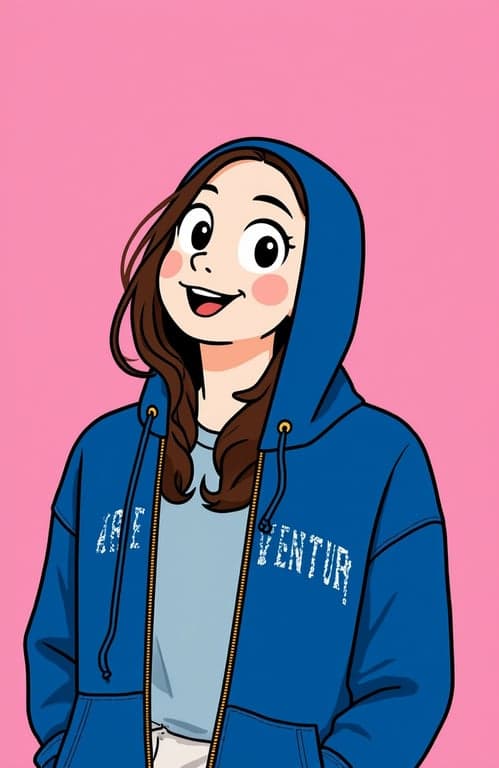 a portrait of a person illustrated as a playful cartoon character with exaggerated eyes or mouth, rounded facial shapes, smooth linework, bright flat colors, and a lighthearted animated personality