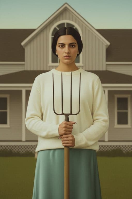 a portrait of a person transformed into an American Gothic art style featuring rigid upright posture, symmetrical frontal composition, serious restrained facial expression, simplified realistic facial structure, muted earthy color palette, flat controlled lighting, sharp edges, and a quiet tense American rural realism atmosphere