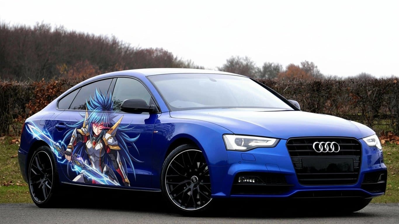 AI anime car sticker after photo - blue car on the road with car sticker
