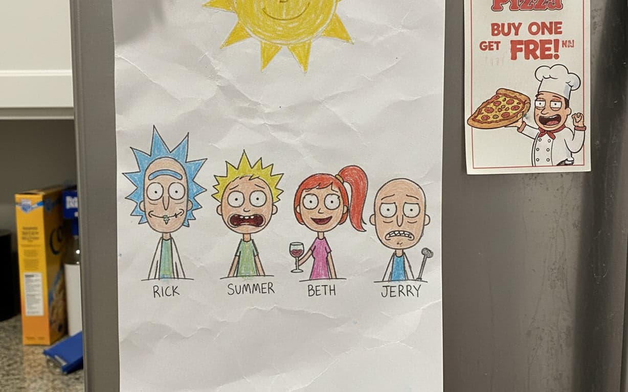 A \"photo\" on the Smith family fridge: a simplistic, badly drawn crayon portrait of the whole family (Rick, Morty, Summer, Beth, Jerry) done by Morty in the show's crude style, pinned next to a pizza coupon.