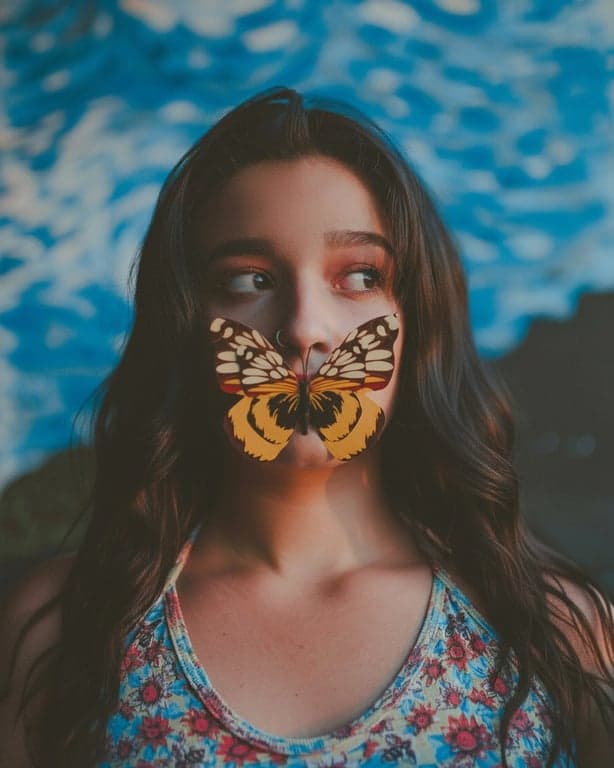 AI long hair filter after transformation - woman portrait with AI generated long slightly wavy hairstyle