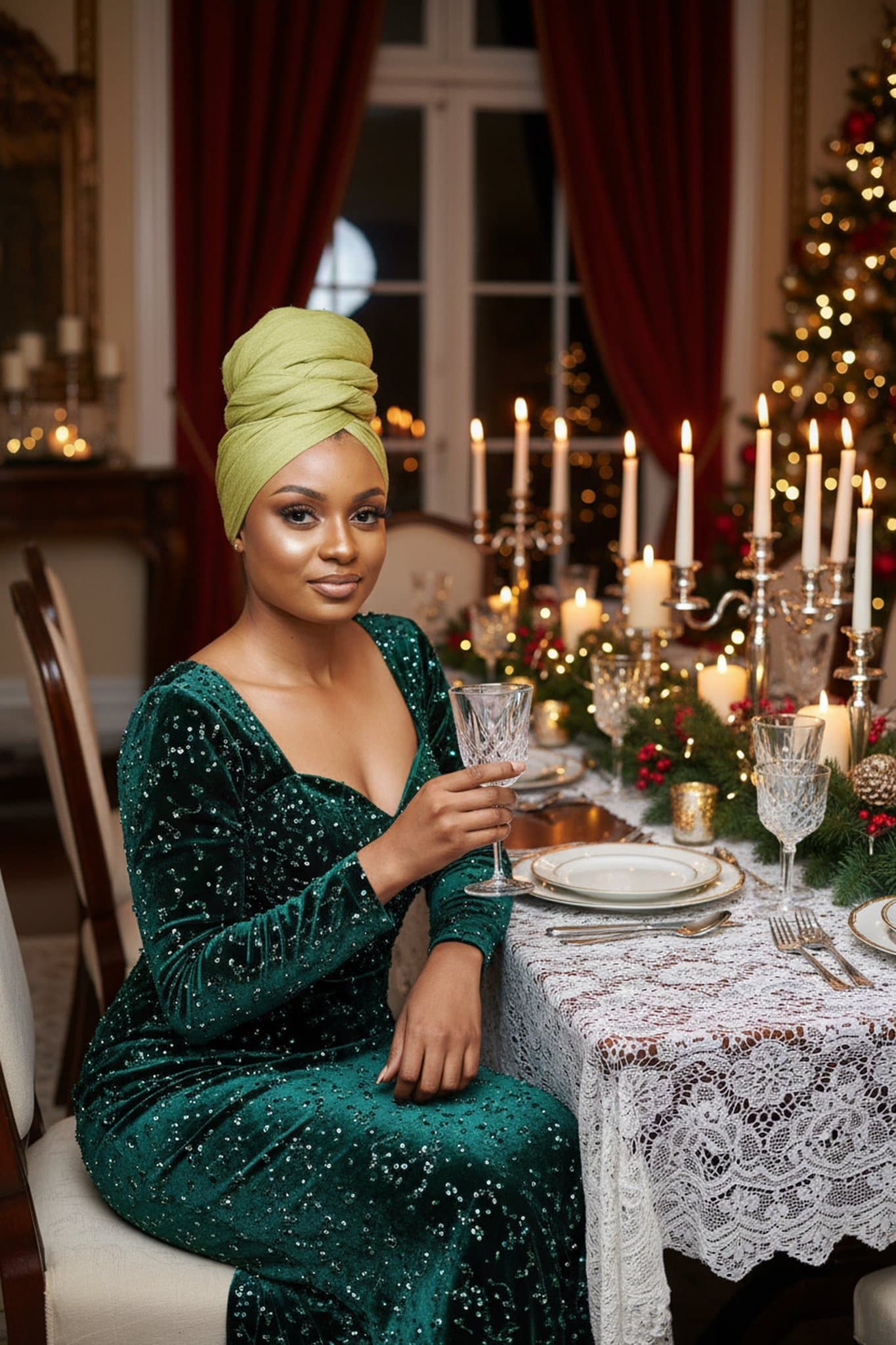 A woman in a green velvet dress seated at a candlelit Christmas dinner table.