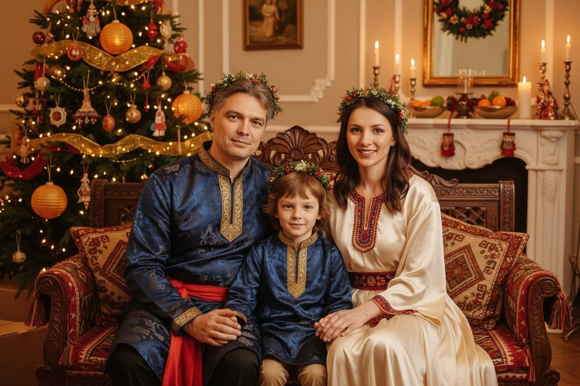 a portrait of a family transformed into a traditional holiday family portrait, all members wearing culturally inspired festive outfits, placed in a celebratory environment with warm lighting and symbolic decorations, arranged in close harmonious poses conveying unity and ritual atmosphere