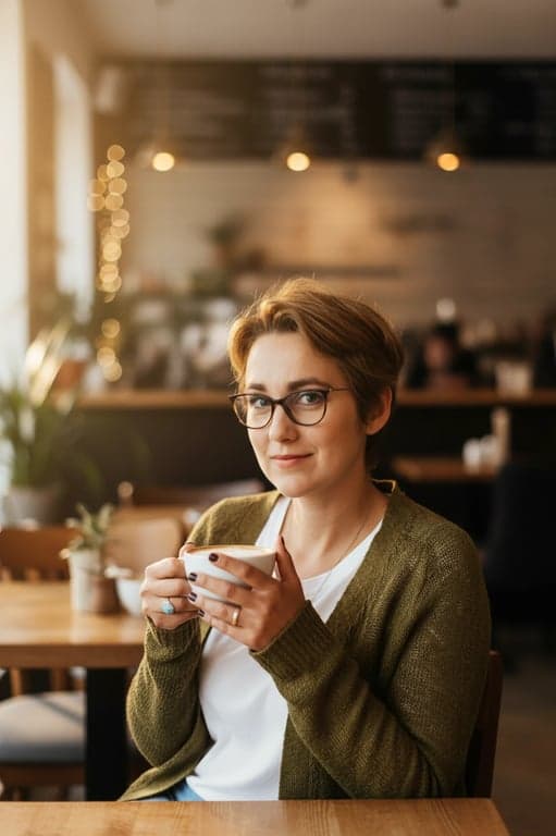 a portrait of a person sitting in a cozy cafe, holding a coffee cup, smiling softly with warm, inviting lighting