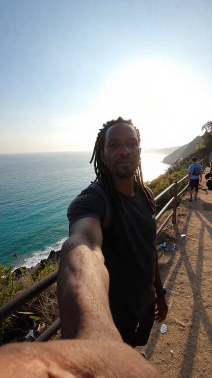 Refine this cliffside selfie i...