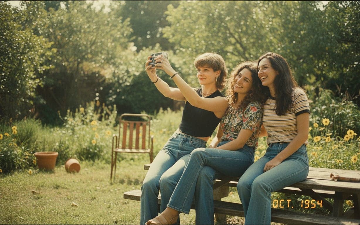 friends in backyard, 70s snapshot style, muted green and yellow palette, pronounced film grain, date stamped in white font, casual poses.