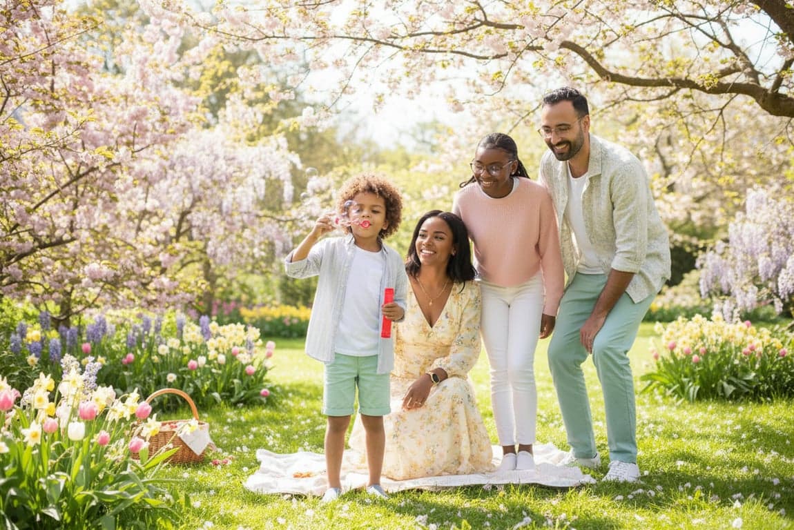 a portrait of a family transformed into a spring-themed family portrait, all members dressed in light pastel outfits with fresh colors, placed in a bright spring environment with blooming flowers and greenery, using open gentle poses and light smiles to create a fresh optimistic family scene
