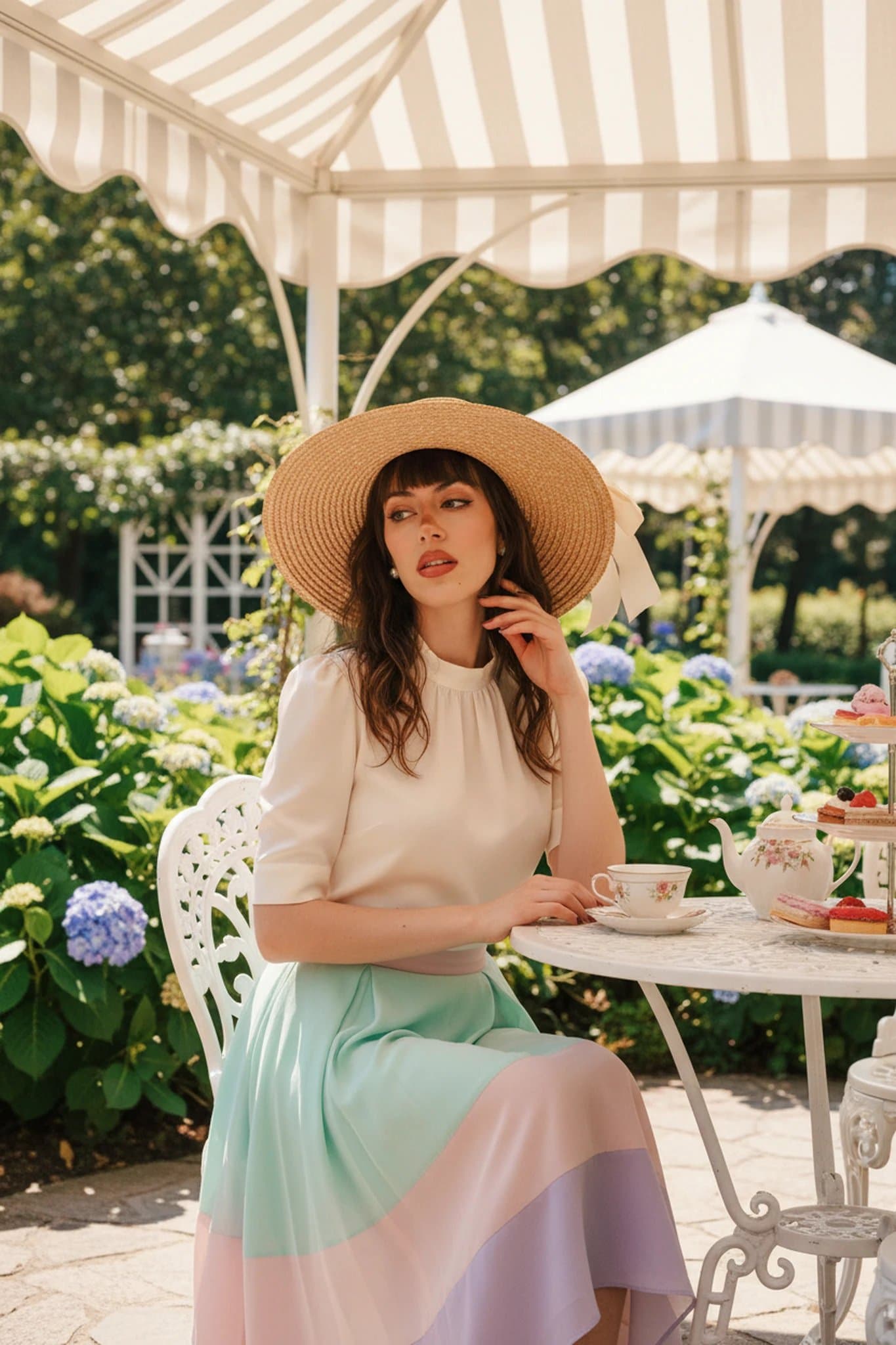 Tea Party Outfits filter after transformation - portrait in pastel skirt and hat tea party look with gentle garden light