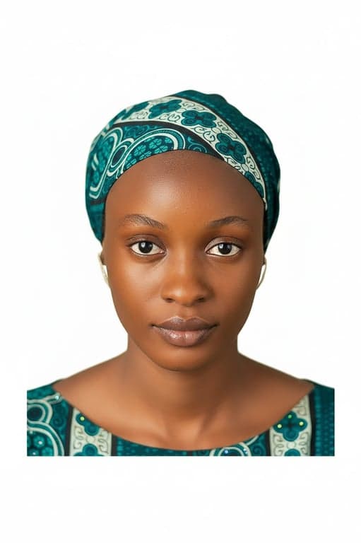 a portrait of a woman, passport photo background edit, pure white background, shadows removed, face centered, proper cropping.