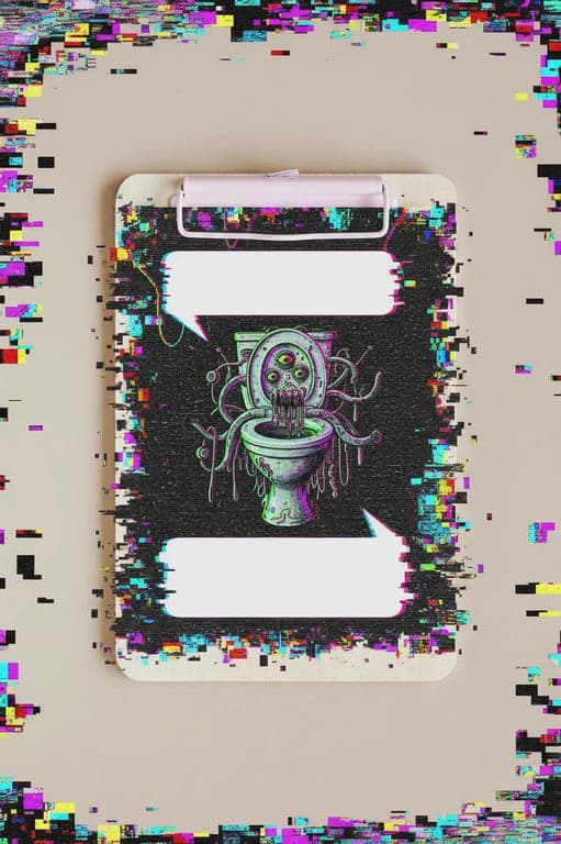 a blank meme template image, brainrot style, central surreal figure (e.g., Skibidi Toilet), empty text spaces top and bottom, glitch art border.