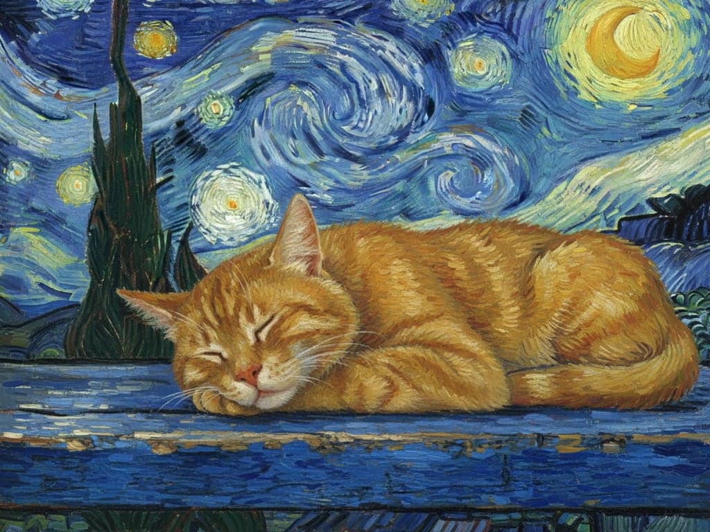 AI pet portrait generator free after pic - orange cat reimagined in Van Gogh’s Starry Night style with swirling brushstrokes and deep blue tones