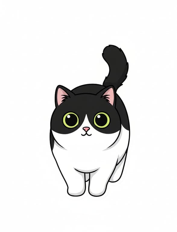 A pet photo converted to a playful vector illustration, using exaggerated features (big eyes, round shapes) and a limited, bright color scheme suitable for stickers.