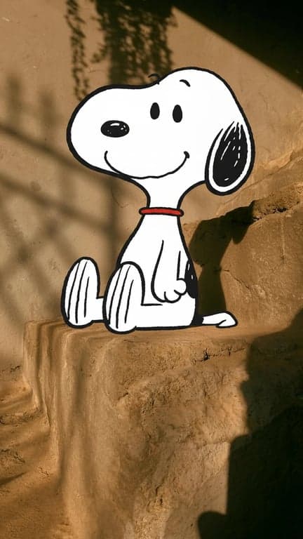 A portrait where the subject's pet dog is replaced with a cartoon Snoopy, both looking at the camera, maintaining the photo's original background and perspective.