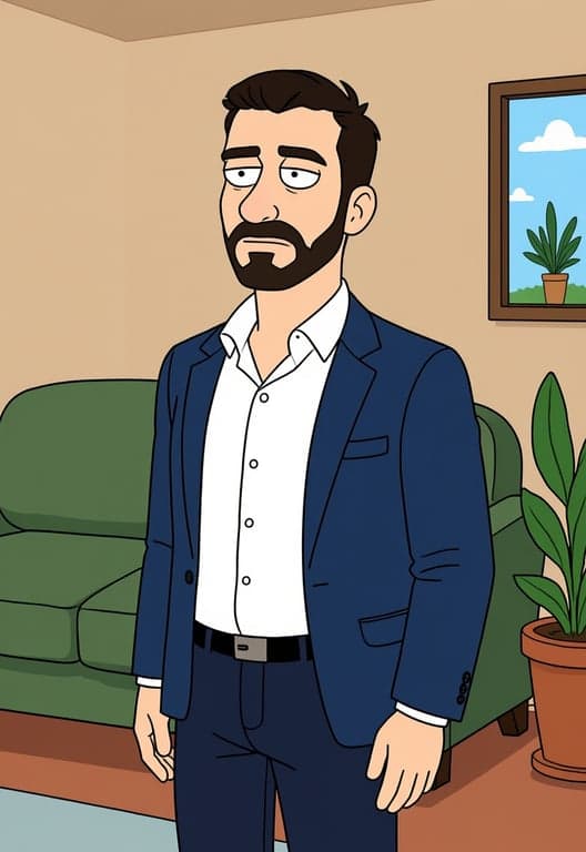 an original character in family guy style, exaggerated features (large head, tiny body), simple clothing design, standing in a living room setting.