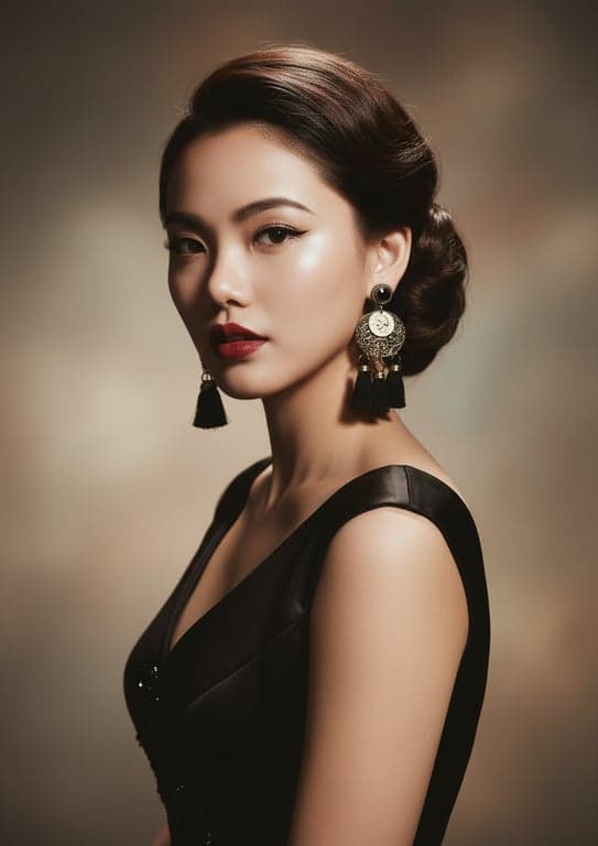 a portrait of a woman, 50s hollywood glamour style, dramatic studio lighting with deep shadows, flawless matte skin texture, soft focus backdrop, elegant updo.