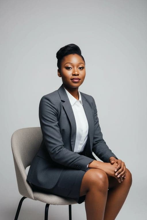 a portrait of a woman, professional ai portrait studio, business attire, even studio lighting, neutral background, confident pose.