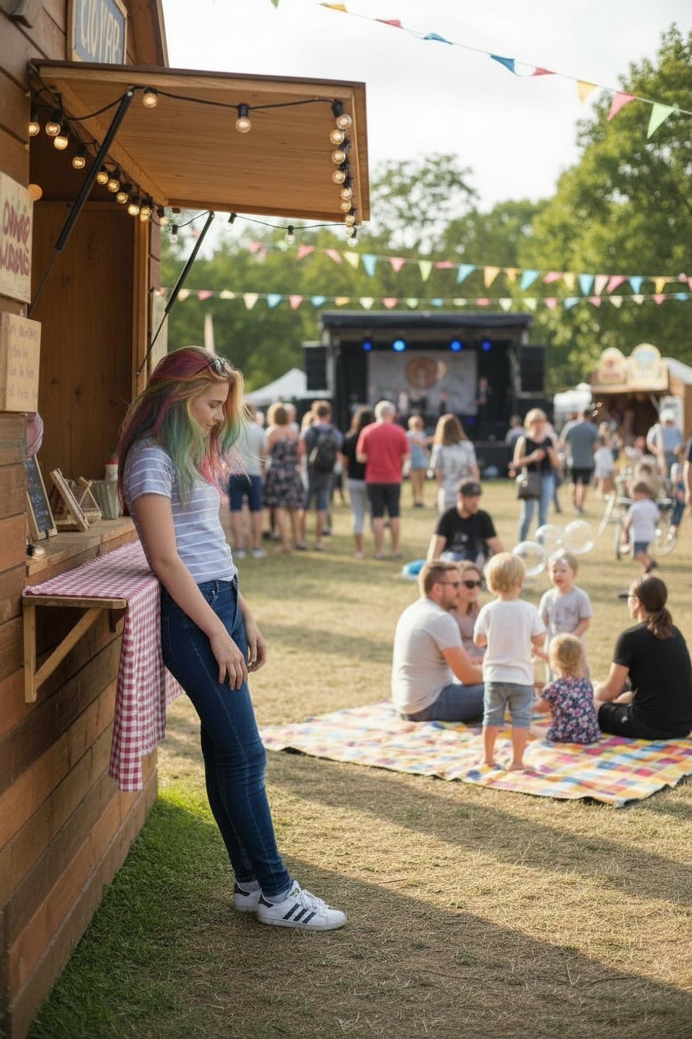 hair color filter after transformation - portrait with rainbow-tinted hair and cheerful outdoor feeling