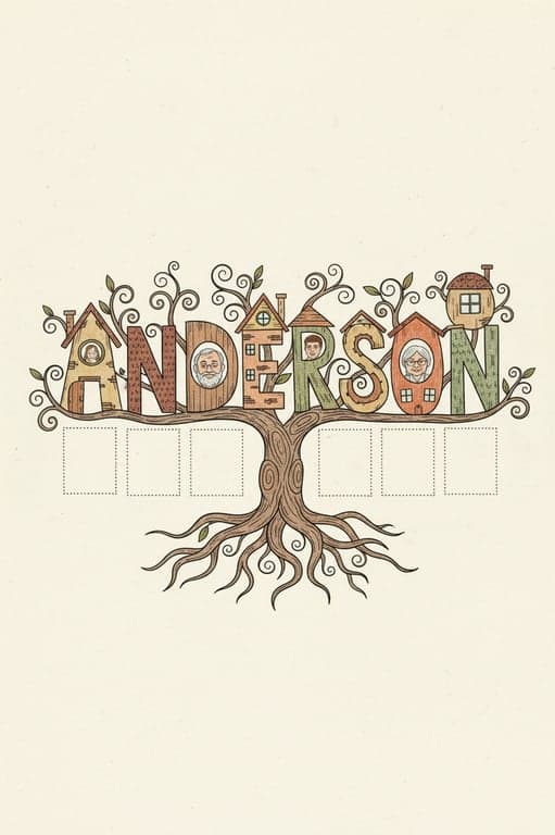 A family name written in a "family tree" doodle font, where each letter is a house containing a small portrait of a family member, connected by branches and roots.