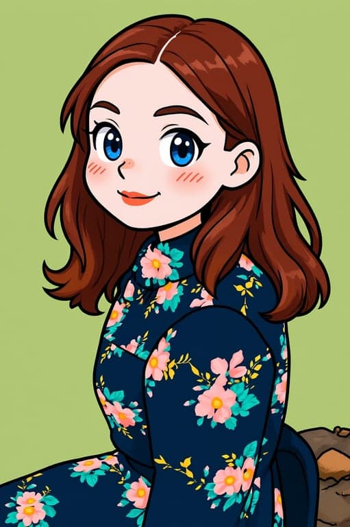 a portrait of a person transformed into a random cartoon character with simplified facial geometry, expressive cartoon features, clean line art, flat color fills, and a unique character identity