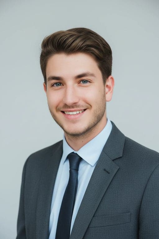 a portrait of a man, professional resume photo, business casual attire, friendly expression, soft natural lighting, plain background.