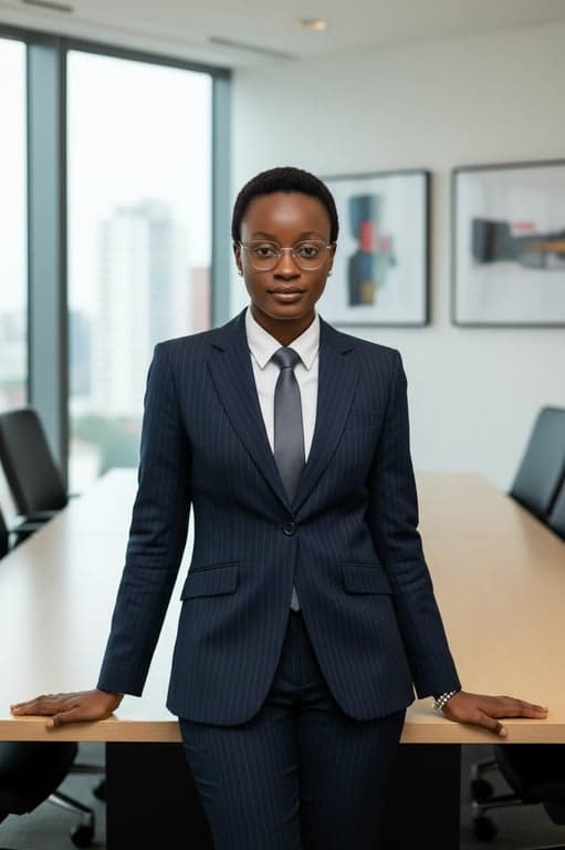 Office Siren Outfits filter after transformation - portrait in pinstripe suit with smart office styling and boardroom mood