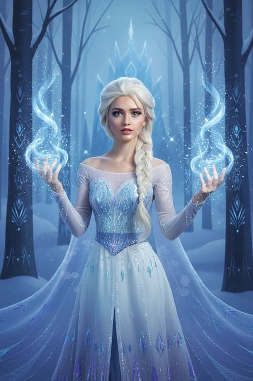 a portrait of a person edited into a Disney or animated movie character cosplay, with accurate dress, wig, and magical atmosphere