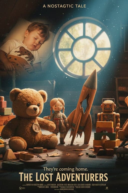 A poster for a film about lost toys, with a nostalgic and warm tone, featuring a group of old toys in an attic at night, lit by moonlight, with a sense of adventure.