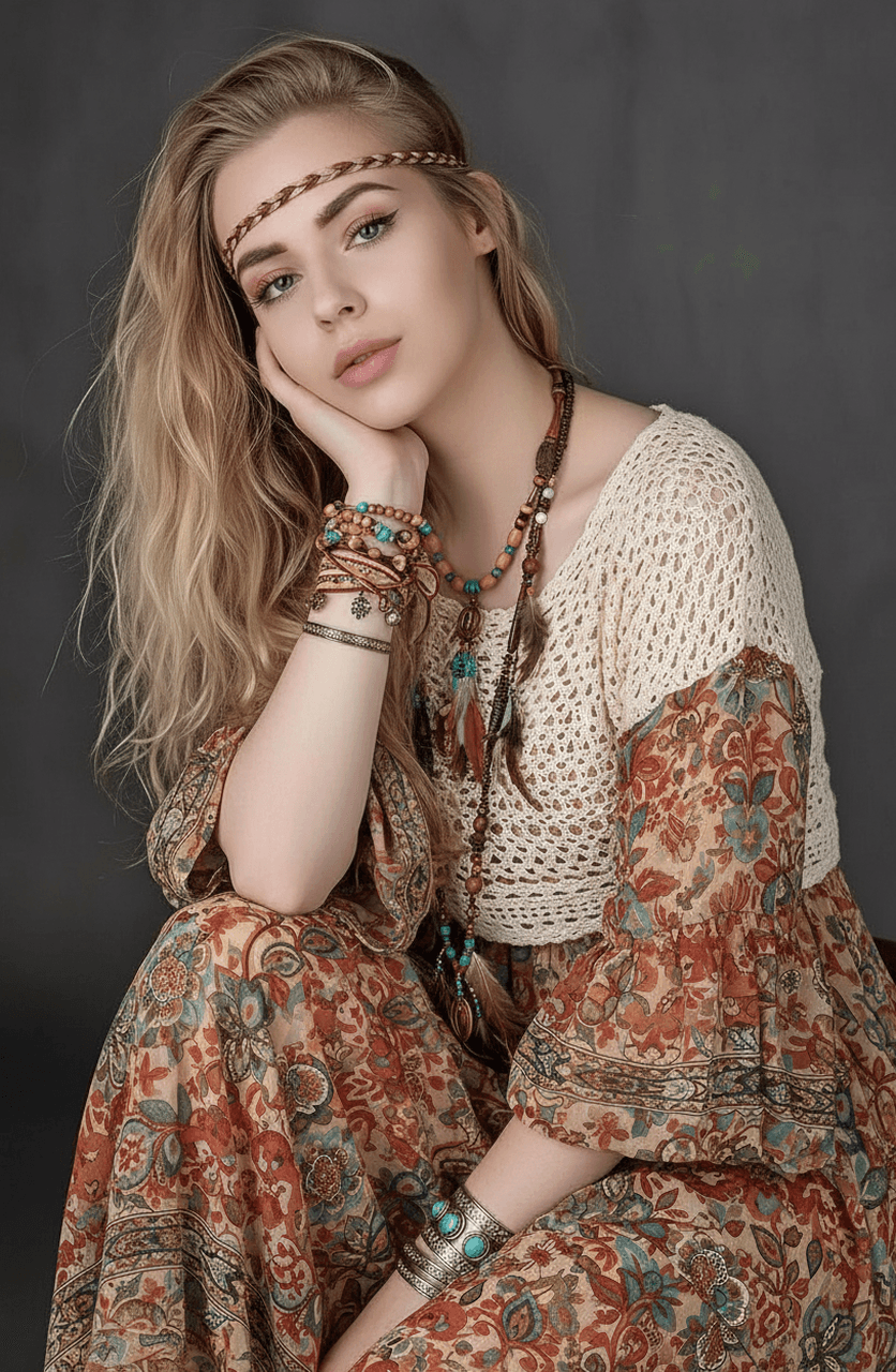 AI music festival outfits filter after transformation - studio photo enhanced with layered festival outfit