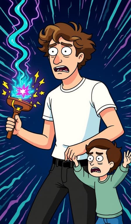 A bizarre, multi-eyed alien creature in Rick and Morty style, holding a sci-fi gadget that is zapping a terrified Morty Smith, who is frozen in a comical pose with his arms flailing.