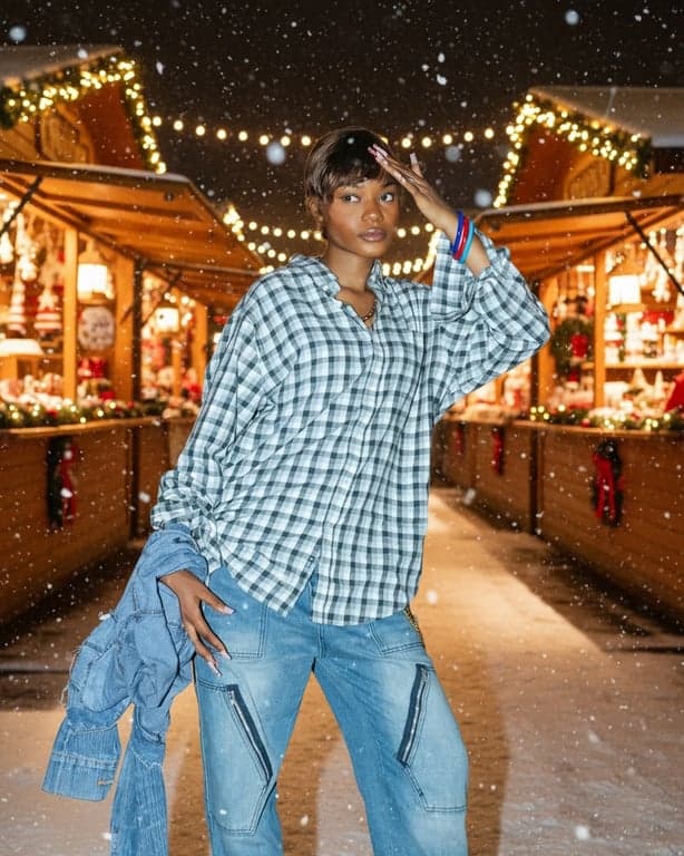 AI Christmas background free after photo - women wearing shirt with Christmas background