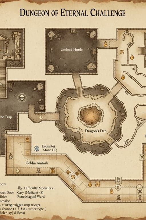Create a D&D battle map focused on tactical combat, featuring obstacles, cover zones, chokepoints, and terrain effects that influence movement and line of sight