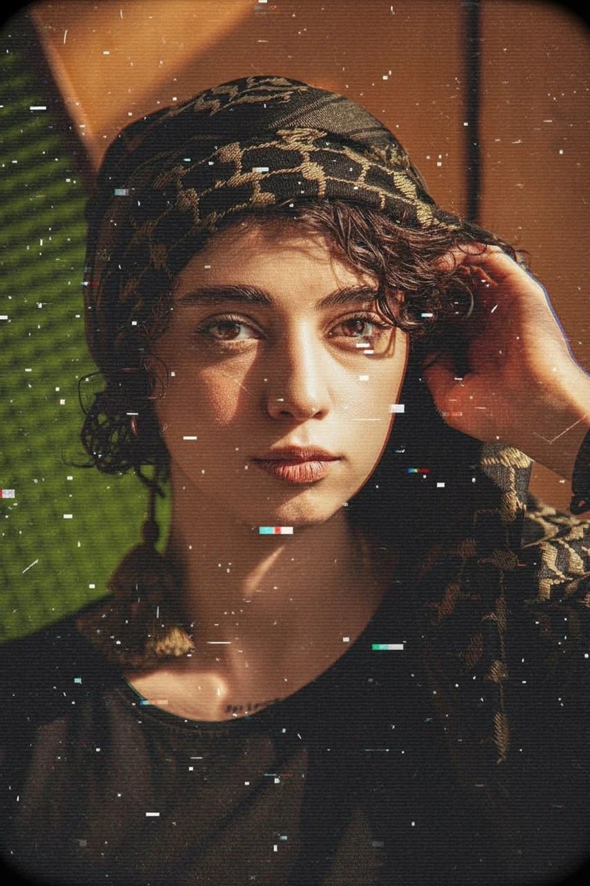 AI glitch effect filter after transformation - casual portrait turned into retro VHS glitch art