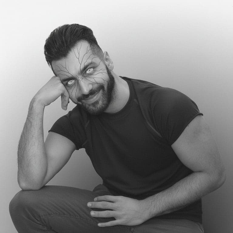 a portrait of a person edited into a character with Byakugan eyes, showcasing the veined pupil effect and gentle demeanor