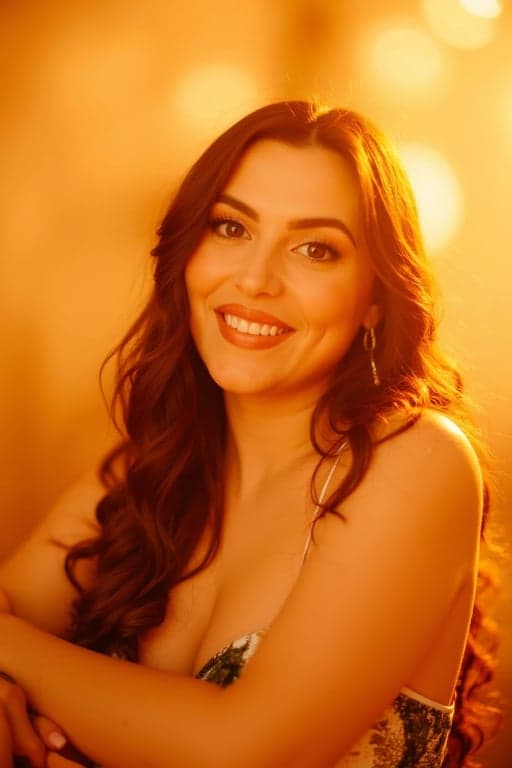 A warm tone filtered portrait of a woman, sunlight streaming through hair, golden skin glow, soft background bokeh, overall inviting and cheerful vibe.