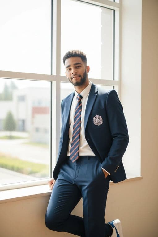 a portrait of a man in a preppy school uniform style K-pop outfit, with blazer and tie, leaning against a classroom window