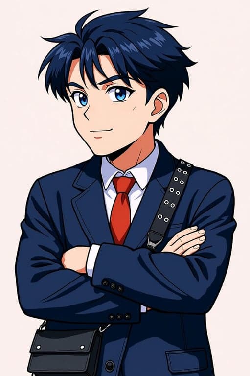 a portrait of a person illustrated in a shonen anime art style with thick contour lines, simplified shading blocks, vivid colors, and a confident heroic expression