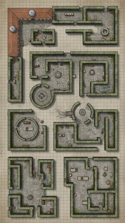 a cavern map with organic shapes, multiple elevation zones, hazardous terrain elements, and optional secret tunnels for dynamic dungeon play