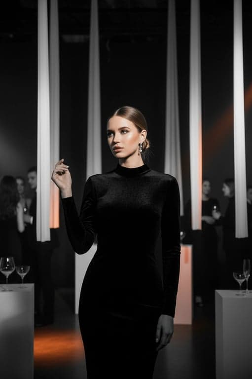 a portrait converted into a chic black-tie party ensemble with minimalist decor and elegant high-contrast lighting