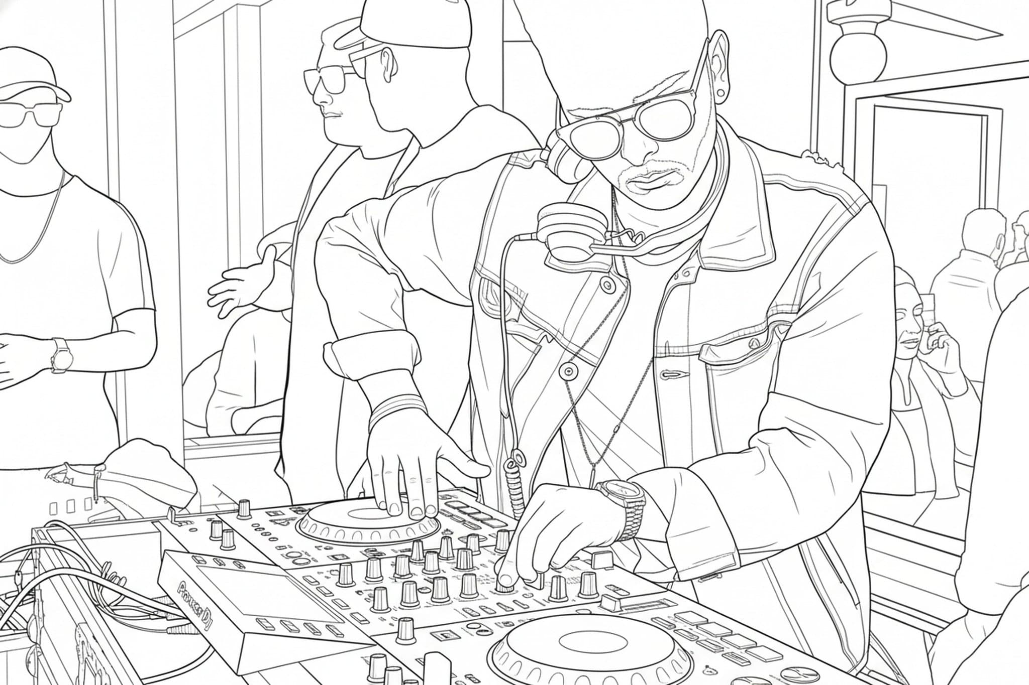 AI coloring page filter after transformation - fashion portrait in artistic coloring page style