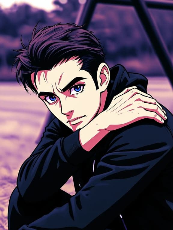 a portrait of a person in JoJo's art style, striking a highly dramatic and angular pose with intense facial expression