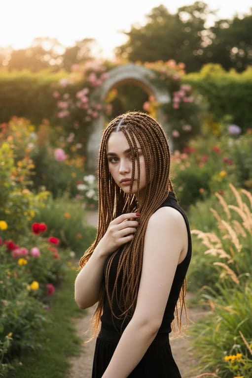 A virtual try-on of knotless box braids on a woman's photo, different shades of brown, realistic weight and movement simulation, outdoor setting.