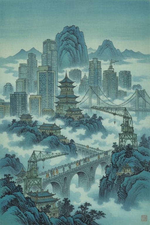 A modern cityscape reimagined in the blue-green landscape (qinglv shanshui) style of Tang Dynasty paintings, with tiny, detailed figures walking on a misty bridge.