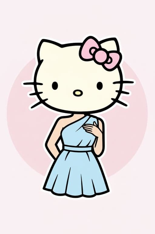Turn the original person into a Hello Kitty parallel world sticker character with a cat face. Use an exaggerated head-to-body ratio, bold outlines, flat pastel colors, and a simple cut-out composition with minimal background, suitable for stickers or emoji-style assets.