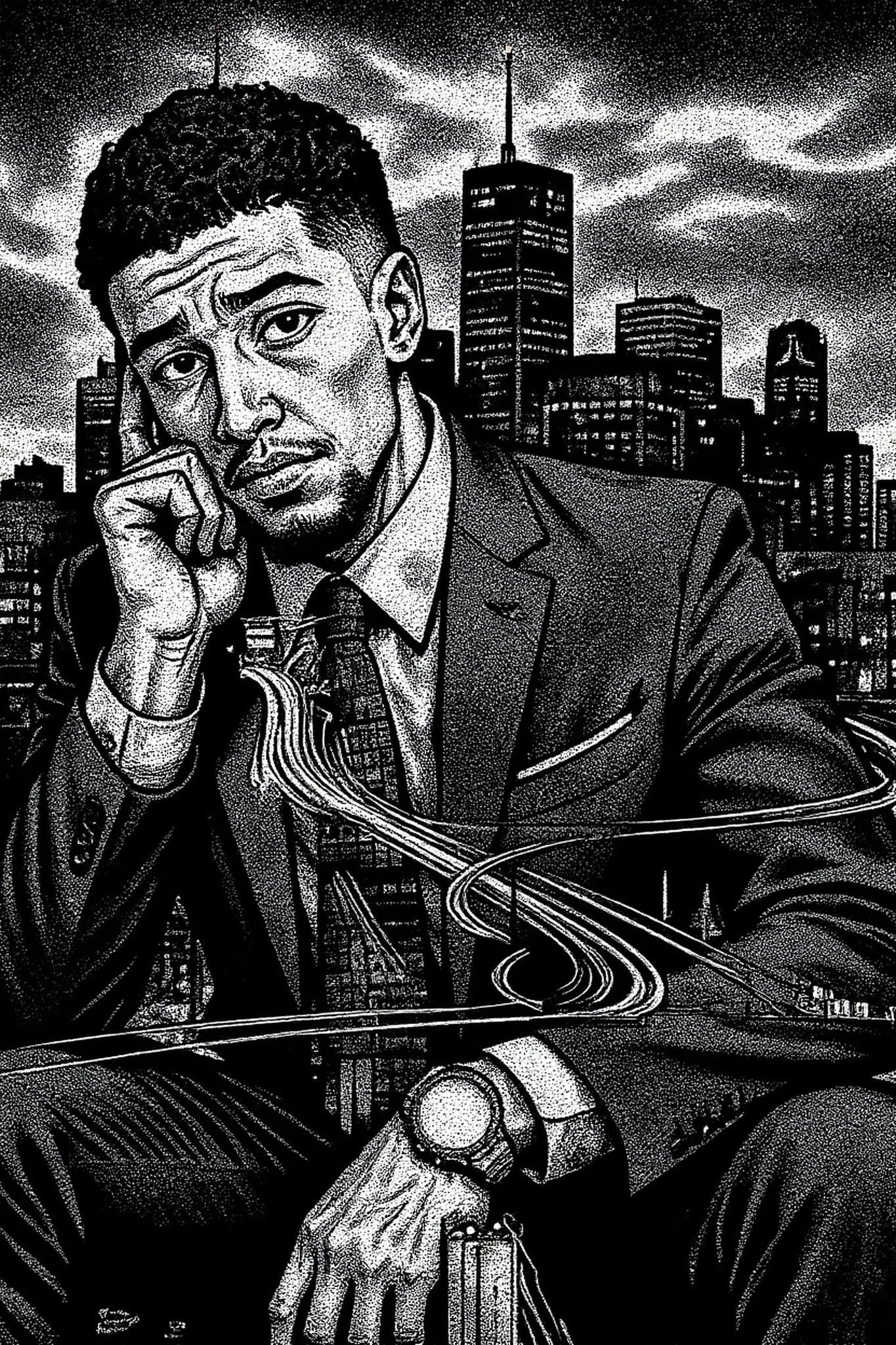 Manga art styles filter after transformation - portrait in mature seinen manga style with moody urban background