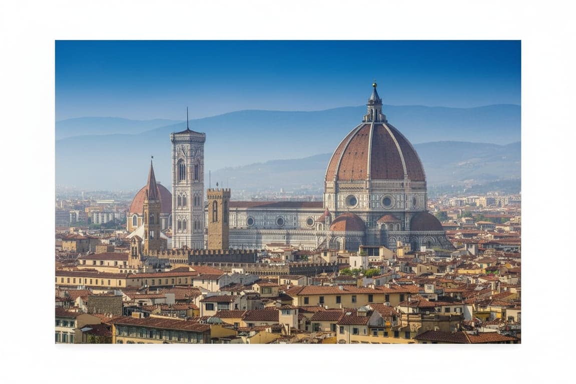 A landscape photo treated to look like a 1970s postcard, with heightened blues and greens, a slight haze, and a rectangular white border framing the image.